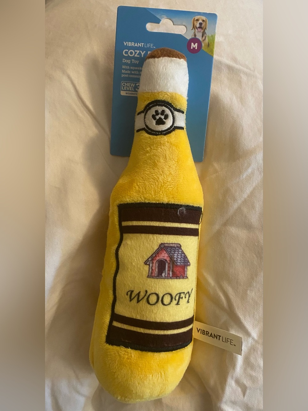 Vibrant Life Woofy Bottle Dog Toy Plush Squeaky Medium Chew Level 3